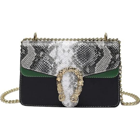 Crossbody Shoulder Bag Retro Snakeskin Solid Color Chain Strap Leather Bag - Picture 1 of 5